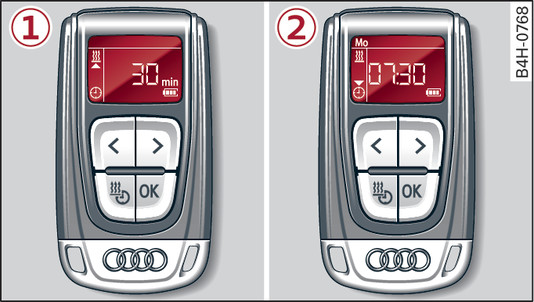 Fig. 99 Remote control for auxiliary heating: -1- switching on immediately -2- setting the timer