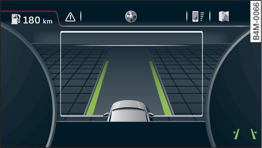 Fig. 140 Instrument cluster (colour display): Active lane assist switched on and ready to warn