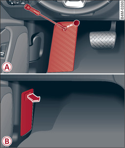 Fig. 323 Driver s footwell (LHD vehicles): Foot rest -A-. Front passenger s footwell (RHD vehicles): Cover-B-