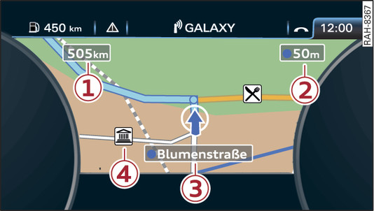 Fig. 197 Analogue instrument cluster: Map displayed when route guidance is started