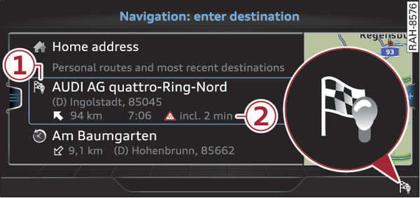 Fig. 221 Example: Personal route display in the menu for entering a destination
